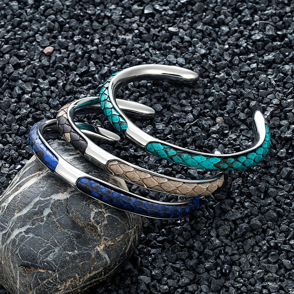 MKENDN Luxury Men Stainless Steel Blue Python Skin Cuff Bracelet Bangles Fashion Minimalist Jewelry Pulseras Lovers' Gift - Madeinsea©