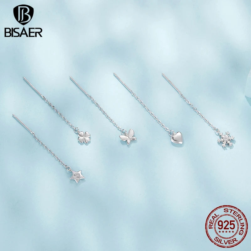 Boucles d'oreilles en argent sterling 925 BISAER en forme de flocon de neige, papillon, étoile, trèfle à quatre feuilles, plaqué or blanc pour femmes