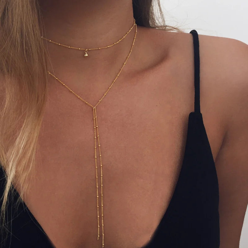 Simple Gold Color Beads Chain Necklace For Women Girls Double Layer Bead Long Tassel Metal Sweater Chain Bohemia Charm Jewelry