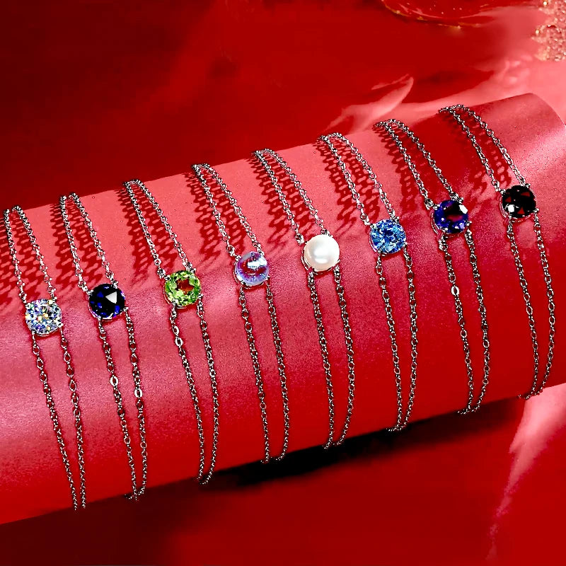 Fashion Women's Single Stone Double Chain Bracelet 6.5mm Round Month Birthday Stone Bracelet 925 Sterling Silver Jewelry Gift