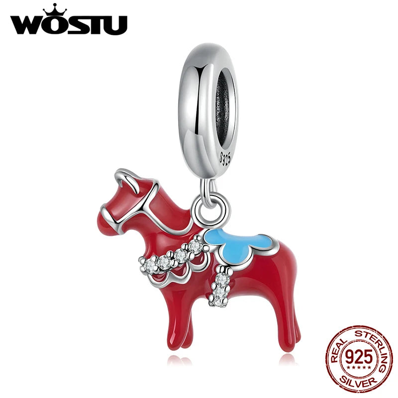 WOSTU 925 Sterling Silver Red Dalarna Horse Pendant Animal Charm Fit DIY Bracelet Necklace Women Family Daughter Jewelry Gift
