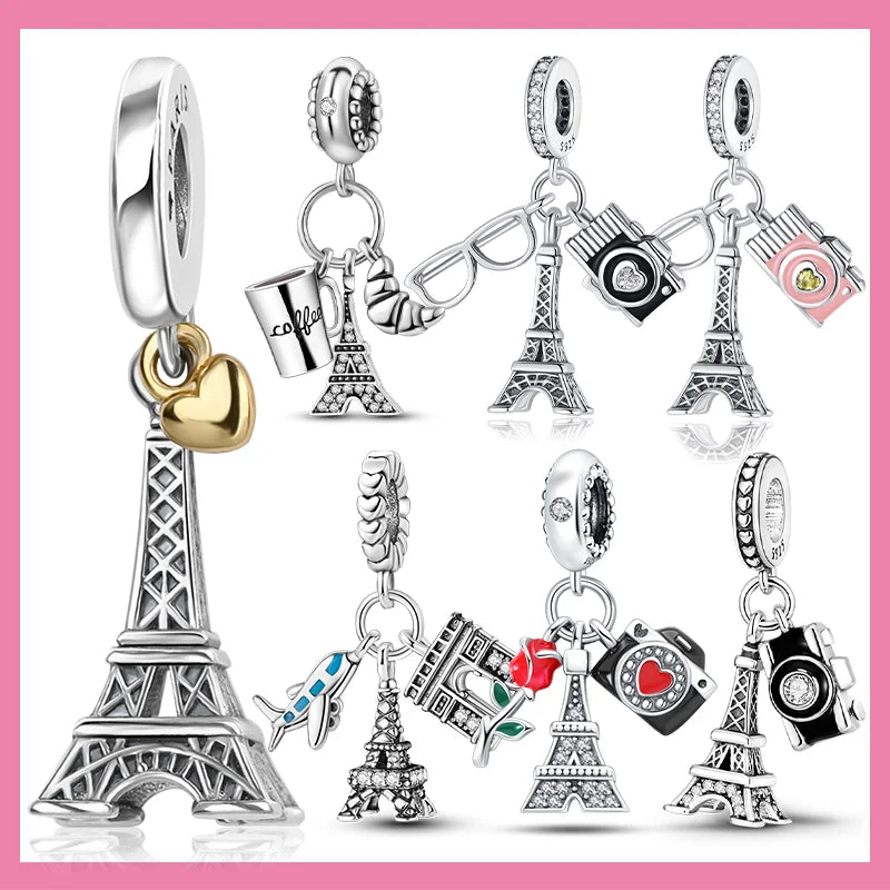 925 Sterling Silver Paris Tower Aircraft Travel Charm Pendant Beads Fit Charm Original Bracelet for Women Jewelry Making