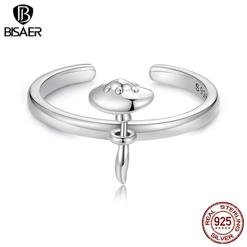 BISAER Bague ouverte en argent sterling 925 en forme de champignon - Taille réglable : 5 à 9 - Pour femme - Bijou fin de fête - ECR1086-E