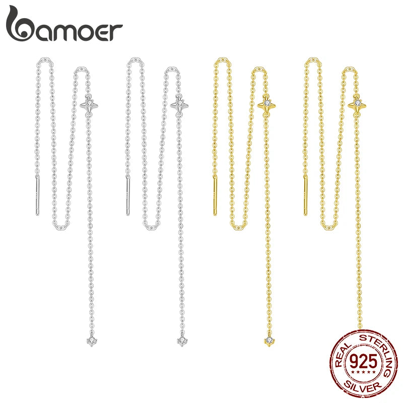 Bamoer Moissanite Long Chain Drop Dangle Earrings, 925 Sterling Silver Star Tassel Threader Double Piercings Convertible Earring