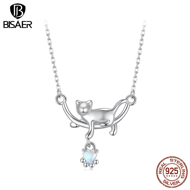 Collier BISAER en argent sterling 925 avec pendentif en forme de chat mignon et pierre de lune en forme de cœur plaqué or blanc pour fête de Noël, bijoux fins originaux