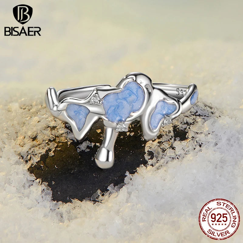Bague ouverte BISAER en argent sterling 925 avec flocon de neige et taille réglable plaquée or blanc pour femme