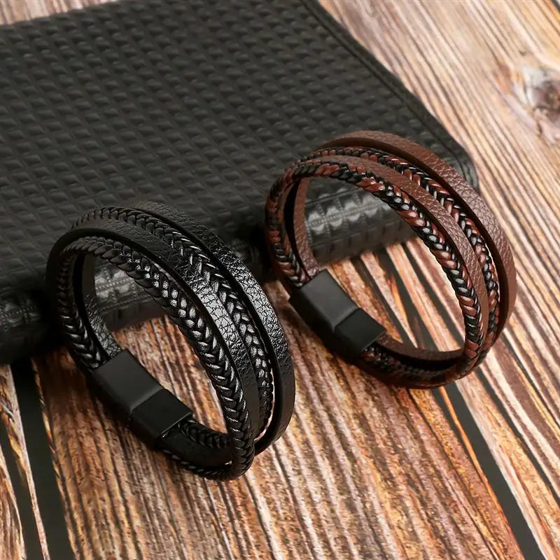New Braided Leather Men Bracelet Classic Hand-woven Magnetic Buckle Multi-layer Leather Bracelet For Men Jewelry Gift