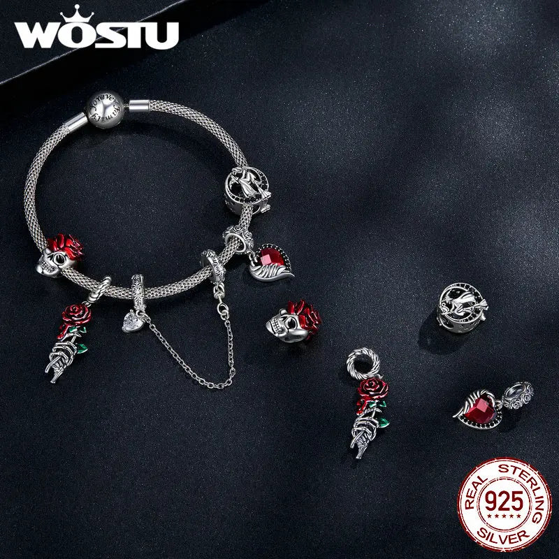WOSTU 925 Sterling Silver Halloween Collection Red Rose Flower Skull Charms Black CZ Witch Bat Bead fit DIY Bracelet Bangle Punk