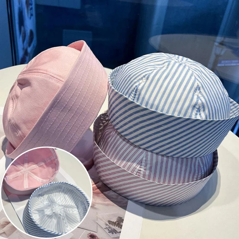 Casual Stripe Cosplay Sailor Hat UV Protection Breathable Comfortable Cosplay Sailor Hat for Men Women Reversible Flat Top Cap