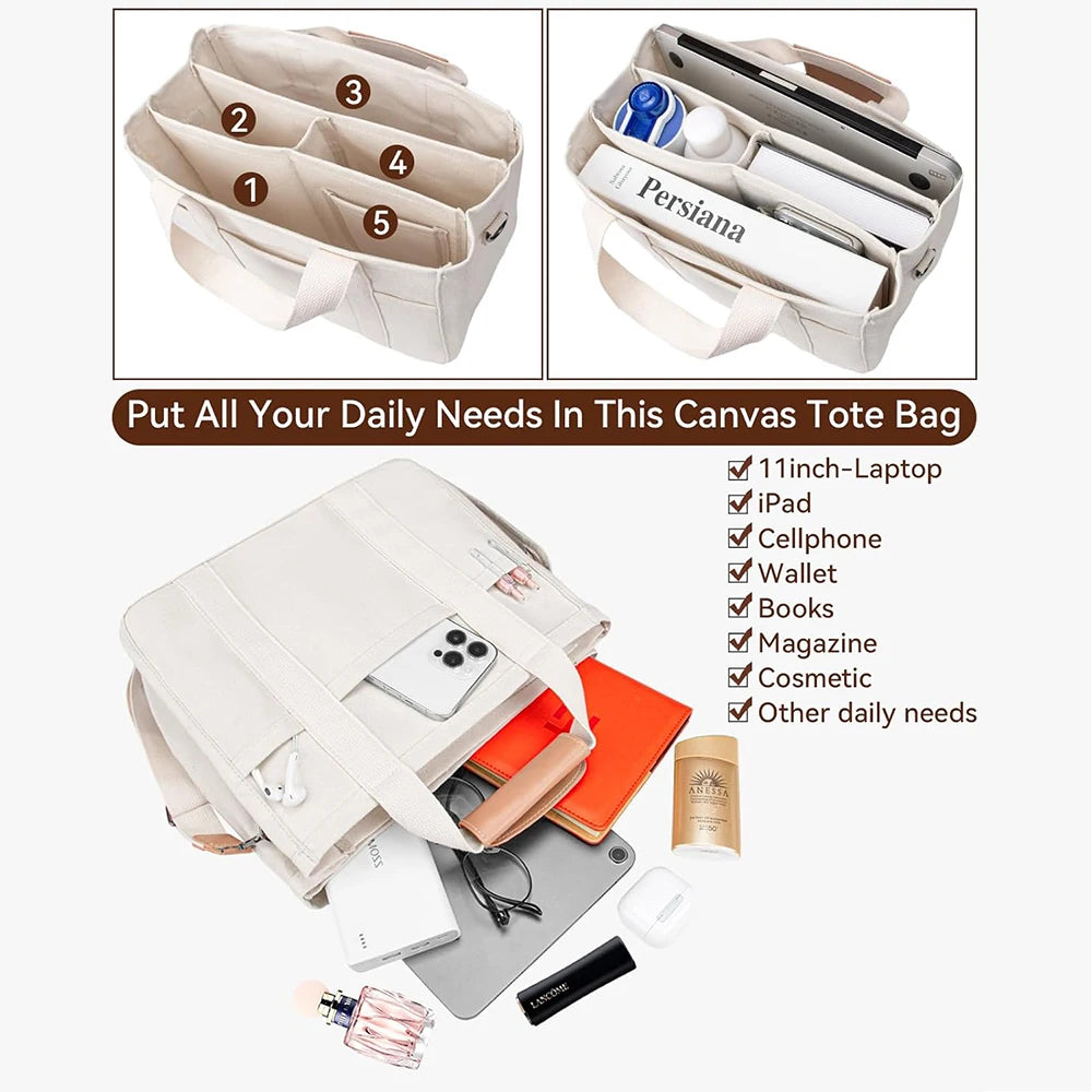 Women’s Canvas Tote Bag with Multiple Pockets, Large Capacity Shoulder Messenger Bag, Stylish, Durable & Versatile for Daily - Madeinsea©