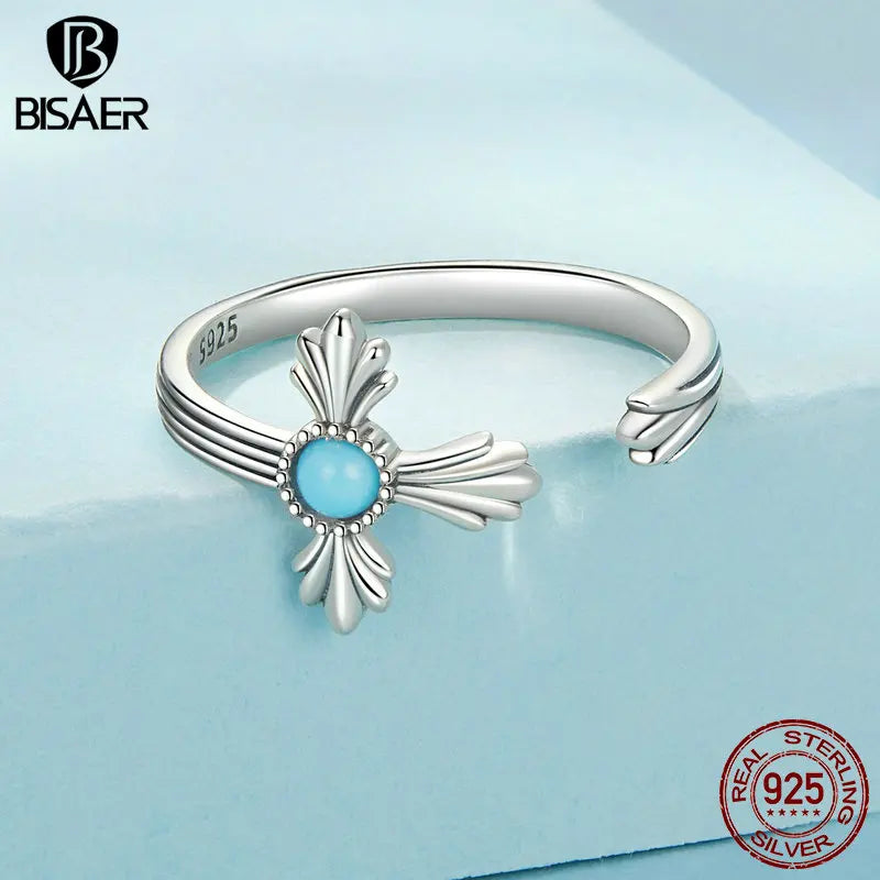 BISAER Bague ouverte vintage en argent sterling 100 % 925 avec croix et turquoise rétro pour femme, bijoux fins de fête ECR1061