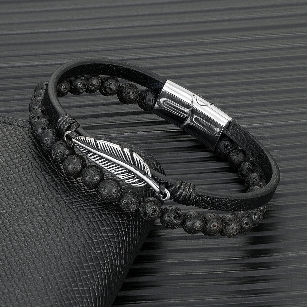 MKENDN Men Red Tiger Eyes Lava Stone Beaded Mutilayer Leather Feather Bracelet Stainless Steel Magnetic Clasp Wrap Bangle Gifts