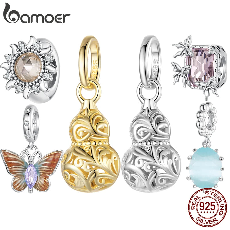Bamoer Anhänger aus 925er Sterlingsilber in Form eines Glückskürbisses mit Schmetterlingsmotiv und Kristallzuckerperlen für Damen – DIY-Armband-Schmuckzubehör