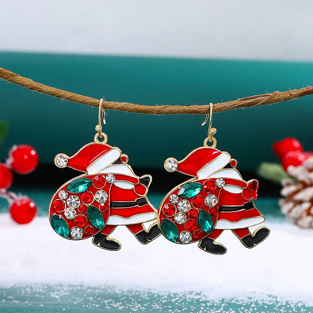 Colorful Rhinestone Santa Claus Dangle Earrings For Women Red Letters Merry Christmas Xmas Tree Earring Party New Year Gifts