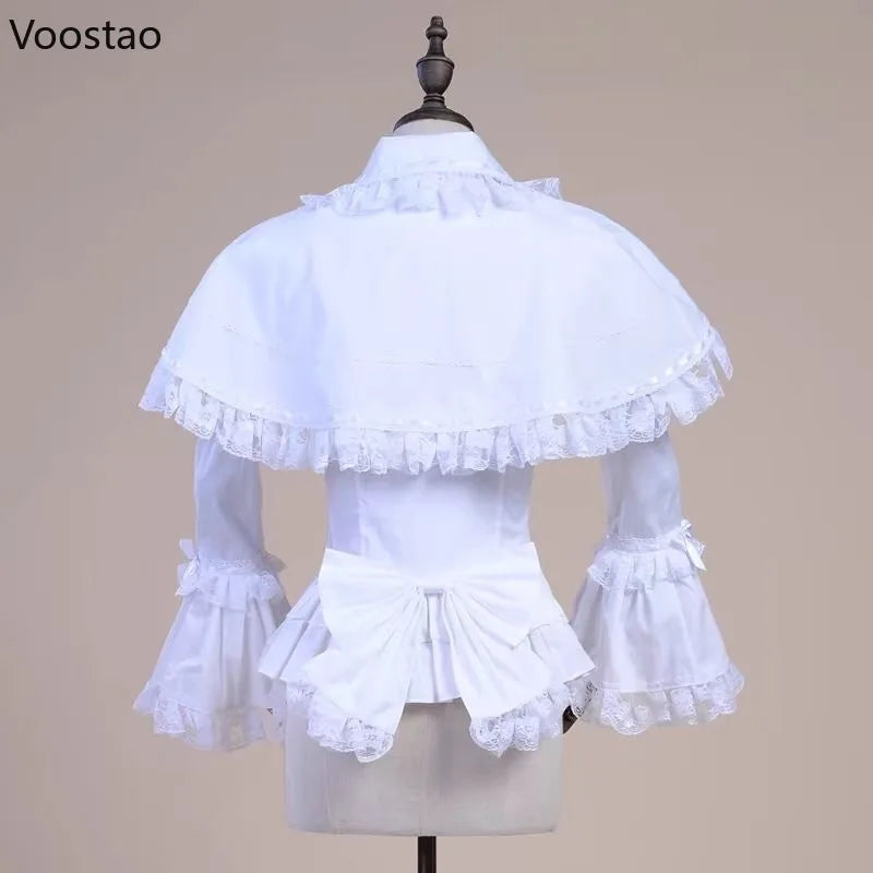 Gothic Y2k Lolita Style Cloak Shirts Japanese Women Lace Ruffles Flare Long Sleeves Blouse Female Victorian Vintage Slim Tops