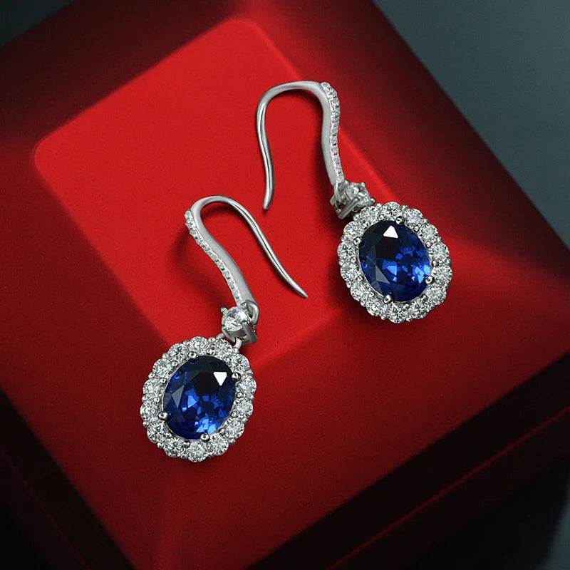 OXTAO Oval Cut 7x9mm 2.0ct Created Blue Gemstone Temperament Hook Earrings for Women Real 925 Silver Fine Wedding Jewelry Gift