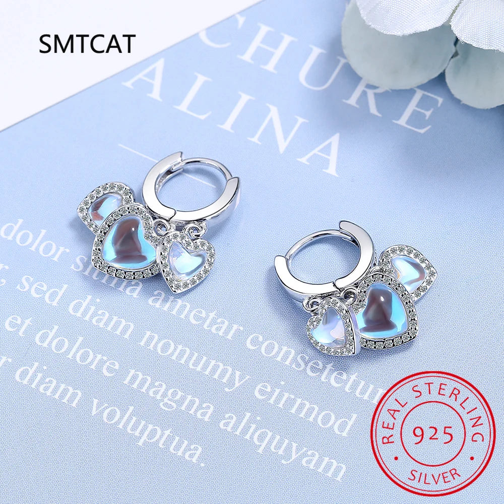 Boucles d'oreilles créoles de luxe en argent sterling 925 avec zircon, en forme de cœur et de pierre de lune, ornées de pompons. Bijou de fiançailles pour femme.