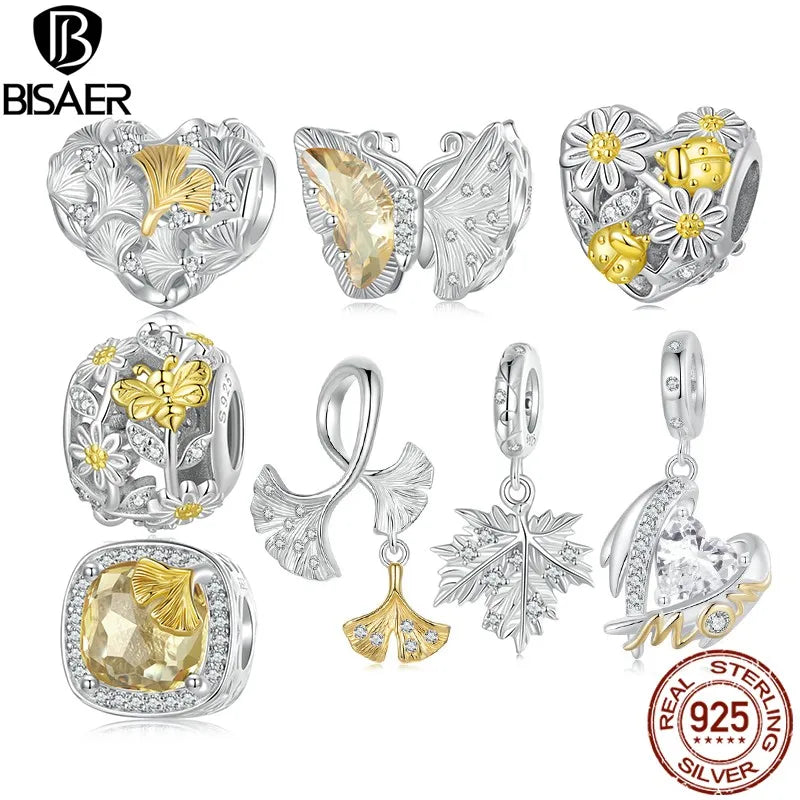 BISAER 925 Sterling Silber Ginkgo Blatt Anhänger Ginkgo Schmetterling Blatt Herbst Charm Bead für Frauen DIY Armbänder Edlen Schmuck Geschenk