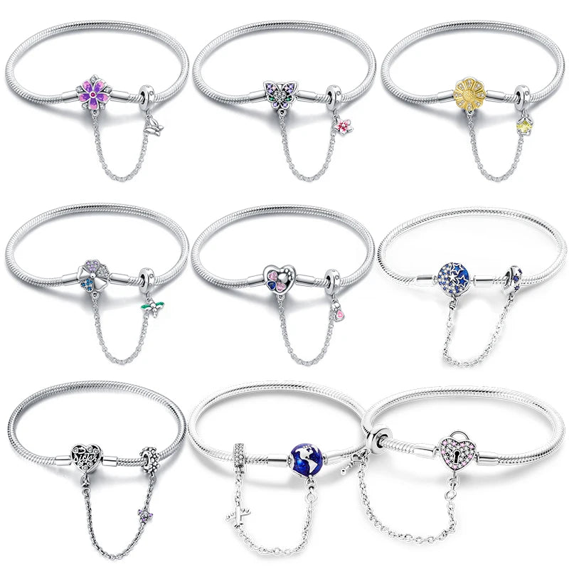 New Springtime 925 Silver Colorful Flower Butterfly Daisy Bracelets With Safety Chain Fit DIY Charms Beads Fine Birthday Jewelry
