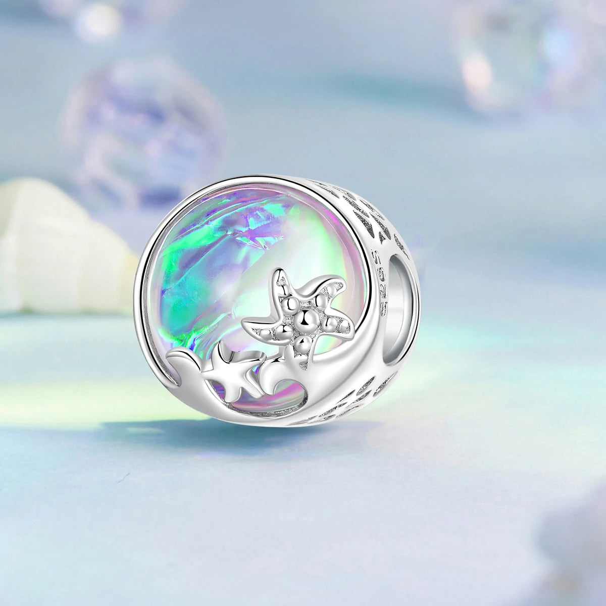 WOSTU 925 Sterling Silver Colorful Ocean Starfish Round Heart Charm Butterfly Murano Glass Bead Fit Original Bracelet DIY Gift