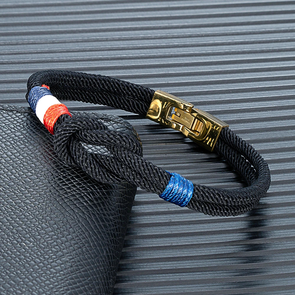 MKENDN Gold Plated Stainless Steel Square Knot Rope Bracelet Men Women Handmade Woven Double-Layer Design France USA Flag Gifts