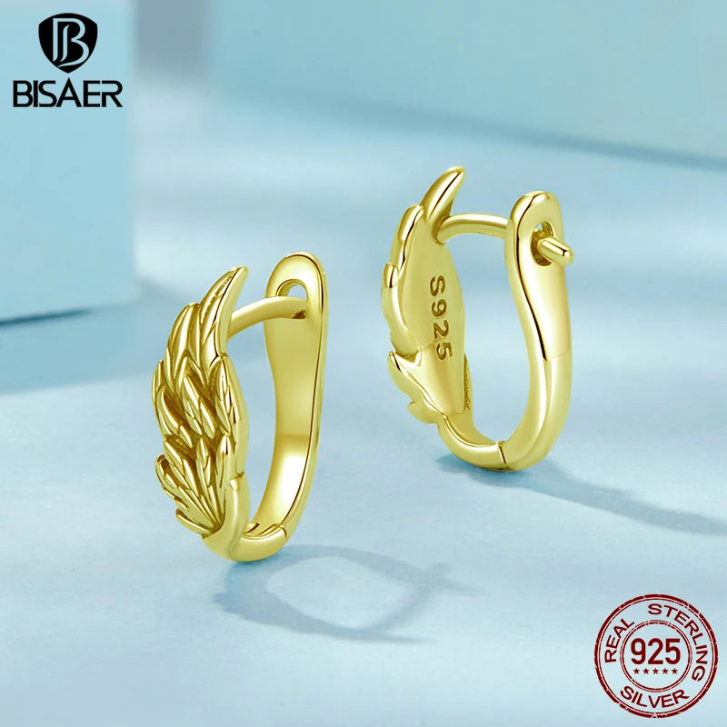 BISAER Solid 925 Sterling Silver Angel Wings Ear Buckles Vintage Wing Hypoallergenic Earrings Plated Gold for Women Fine Jewelry