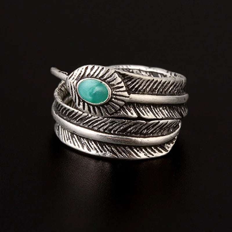 Retro Green Stone Feather Ring For Men Silver Color Punk Gothic Open Ring Handmade Designer Jewelry Unisex Accessories Love Gift