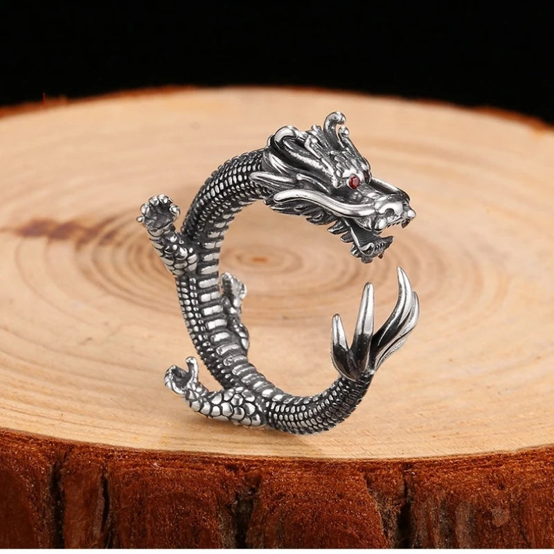 Buyee 925 Sterling Silber Einzigartiger Ringfinger für Damen und Herren, modisch, chinesischer Drache, Tier, Rock, Punk, edler Schmuck, Kreis, mit Box