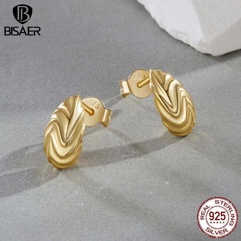 Boucles d'oreilles à tige texturées en argent sterling 925 BISAER Boucles d'oreilles hypoallergéniques en métal plaqué or 18 carats pour femmes Bijoux fins de fête