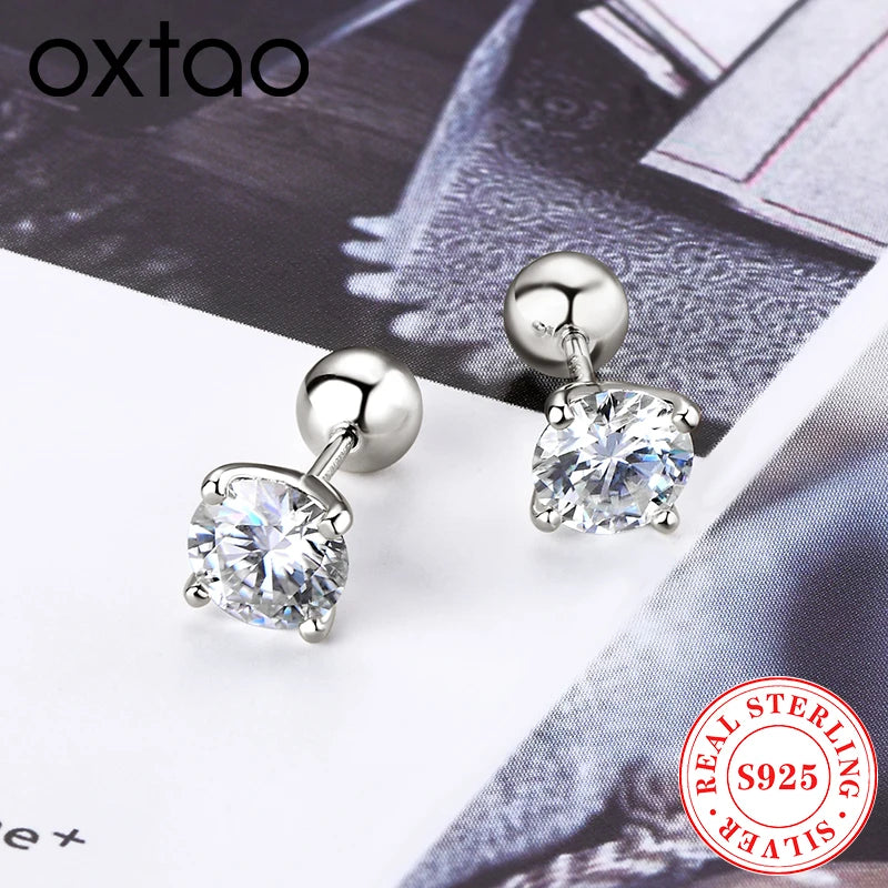 OXTAO Real 925 Sterling Silver Stud Earrings 6.5mm D VVS1 Moissanite Four Claw Earrings for Women Jewelry Gift GRA Certified