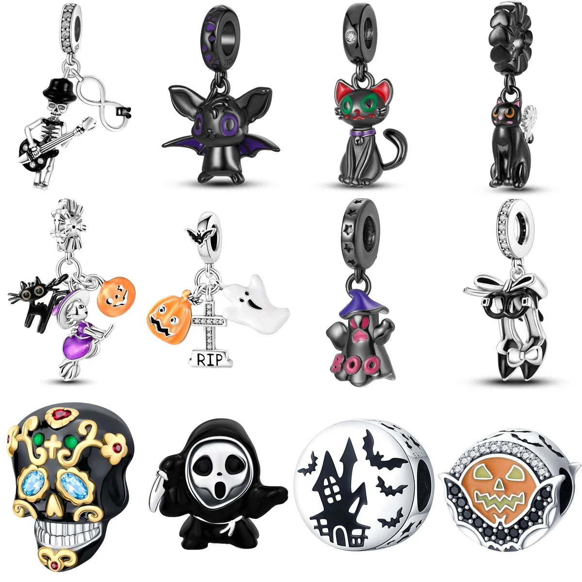 New 925 Sterling Silver Skull Ghost Pumpkin Castle Black Halloween Charm Fit Original Pandora Bracelet DIY Jewelry For Women