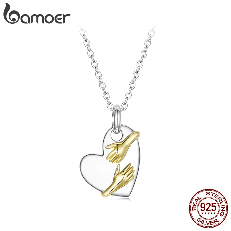 BAMOER 925 Sterling Silber Zweifarbige Umarmungskette mit Herzanhänger, Halskette für Damen, Muttertagsgeschenk, Schutzschmuck