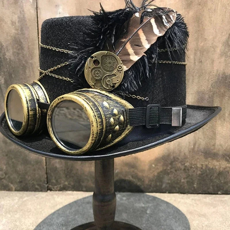 Steampunk Top Hat Wool Felt Victorian Hat with Goggles & Feather Unisex Costume Top Gothic Hippies Cosplay Props
