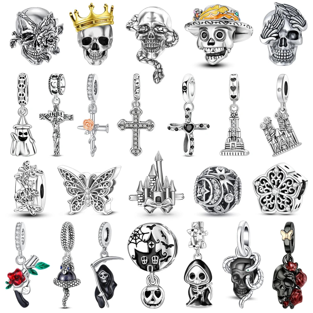 Classic 925 Sterling Silver Crown Skull Beads & Rose Pistol Dangle Charm Fits Bracelet Exquisite Necklace Jewelry Gifts