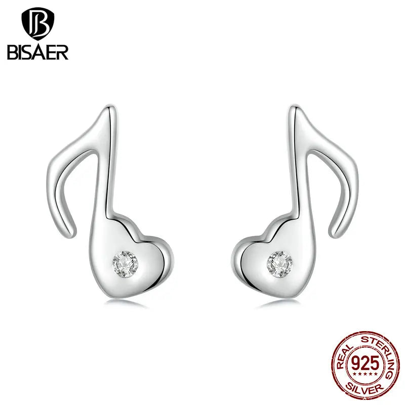 Boucles d'oreilles à tige en argent sterling 925 BISAER en forme de mini cœur plaqué or blanc pour les amateurs de musique, design original, bijoux fins
