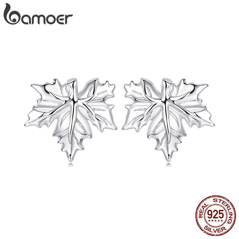 BAMOER 925 Sterling Silver Falling Maple Leaves Stud Earrings For Women , Autumn Themed Flower Leaf Shape Piercing Earrings