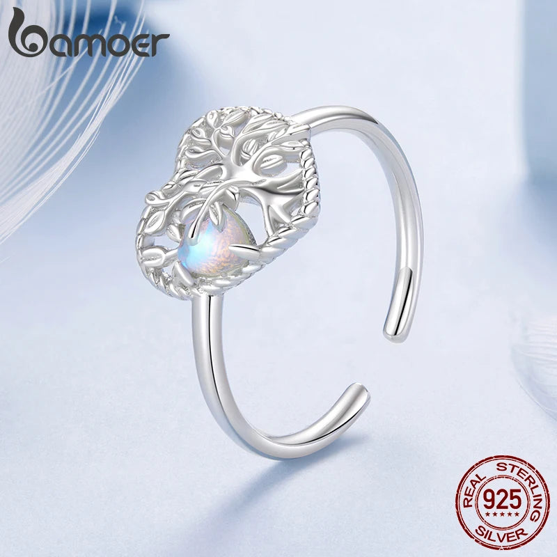BAMOER 925 Sterling Silber Ring „Baum des Lebens“, offener Ring mit Mondstein und herzförmigem Motiv, originelles Schmuckgeschenk für Familie und Freunde – ein perfektes Geschenk für jeden Tag