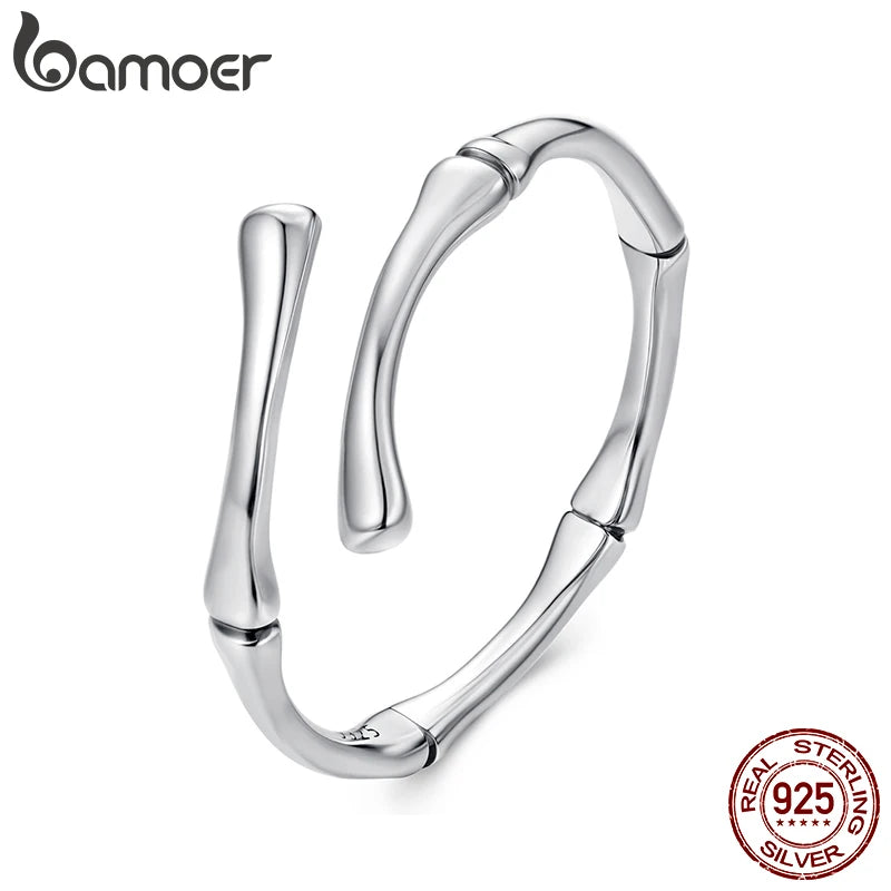 BAMOER Ring aus massivem 925er Sterlingsilber im Bambus-Knochen-Stil für Damen und Herren, klassischer minimalistischer Cocktailring mit offener Gliederung SCR1124-E