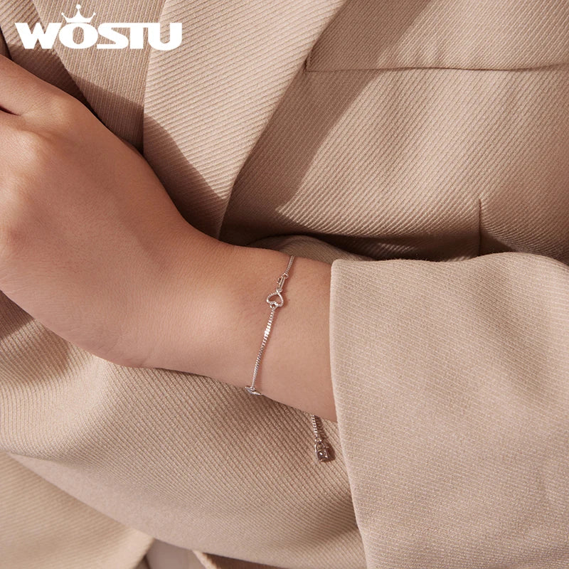 WOSTU 925 Sterling Silver Key Lock Charm Bracelet for Women With Zircon, Dainty Adjustable Hand Chain Jewelry for Romantic Gift