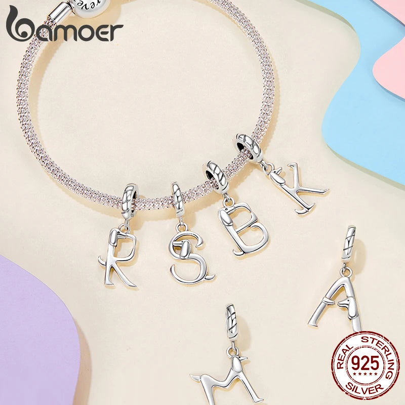 BAMOER Solid 925 Sterling Silver Cute Dachshund Shaped Letter Charm Pendant for Charm Bracelet, Alphabet Initial Beads Jewelry