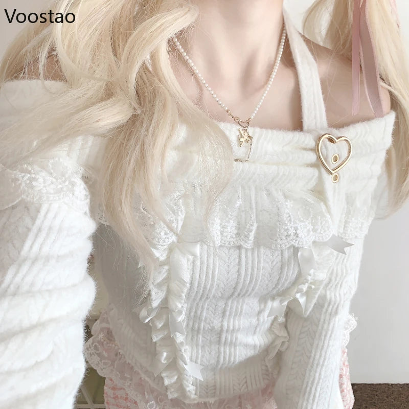 Sweet Lolita Style Knitted Pullover Women Harajuku Off Shoulder Lace Ruffles Bow Long Sleeve Sweater Girls Cute Knitwear Tops