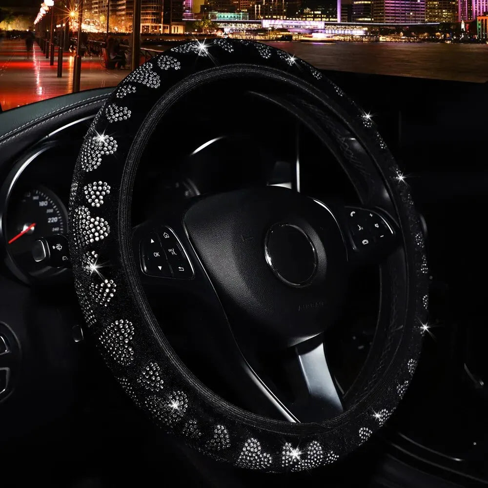 Velvet Studded Faux Diamond Heart Flash Car Accessories without Inner Ring Steering Wheel Cover for 14-15 Inch Women - Madeinsea©