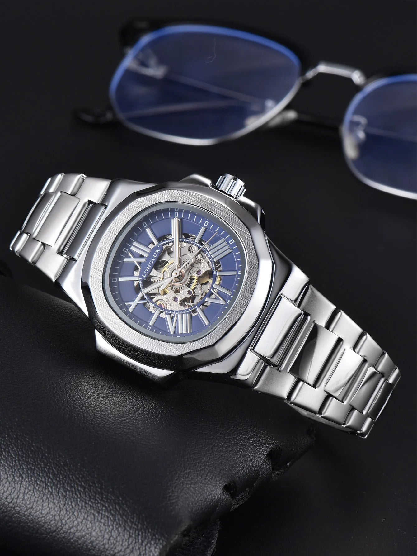 LONGLUX HOT SALE NEW automatic mechanical men watch rome business waterproof skeleton luminous stainless steel gift watch