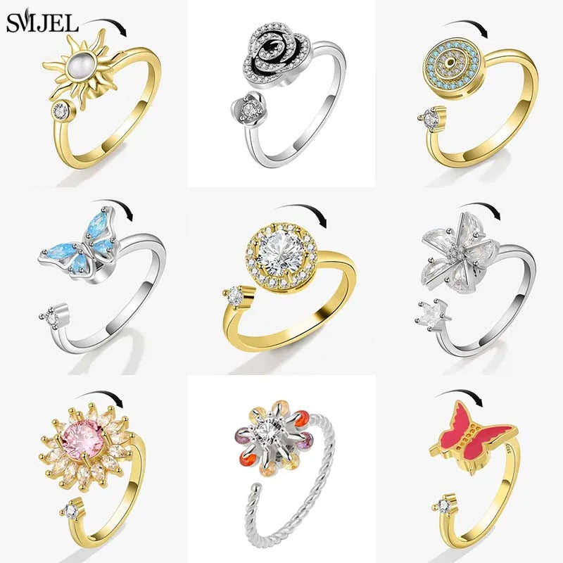 Korean Fashion Anxiety Fidget Spinner Rings for Women Crystal Rose Sunflower Butterfly Rotating Mood Ring Girls Wedding Jewelry