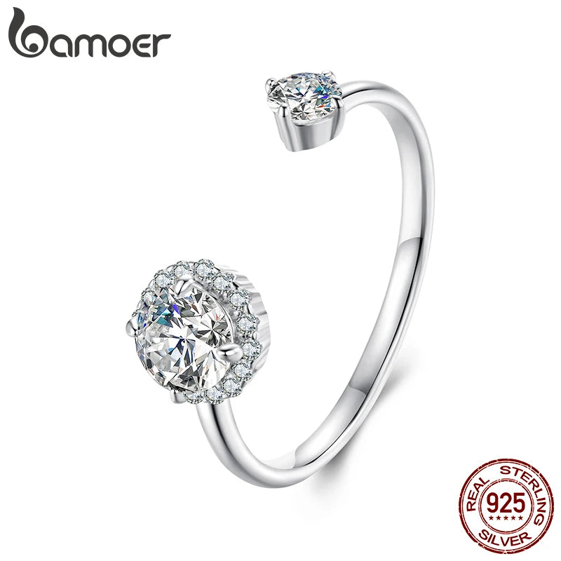 BAMOER Moissanite White Gold Plated Adjustable Ring 925 Sterling Silver Exquisite Open Ring for Women Fine Jewelry Gift MSR067-E