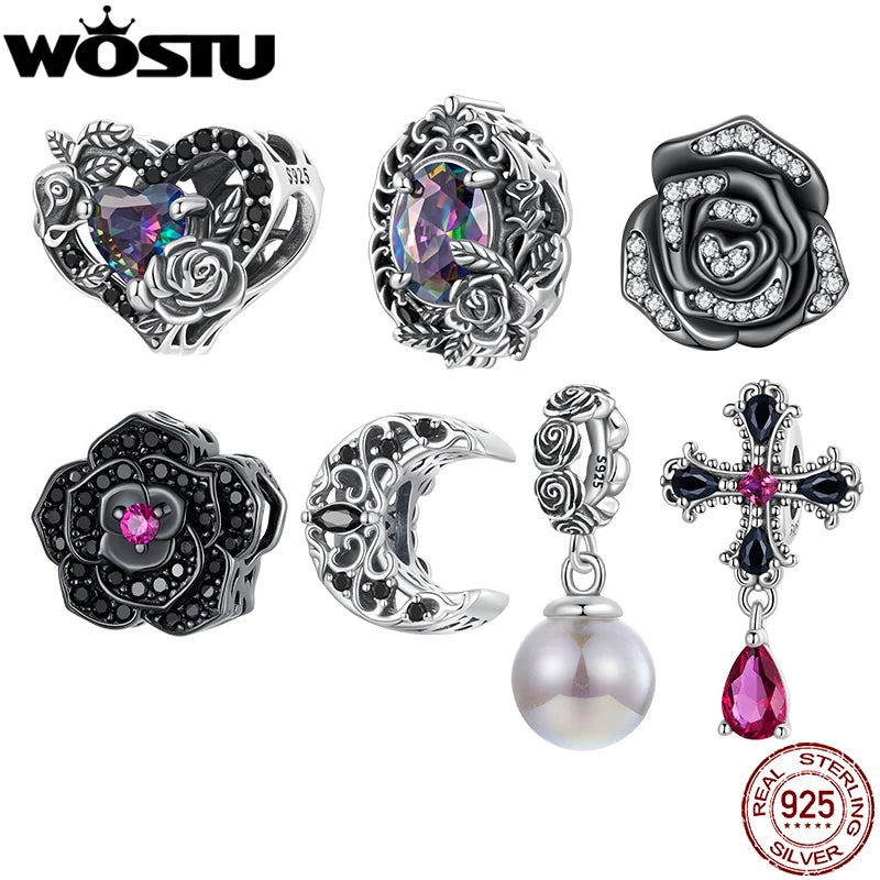 WOSTU 925 Sterling Silver Vintage Gothic Black Rose Flower Heart Beads, Retro Pearl Pendant Rainbow Charms Fit DIY Jewelry Make