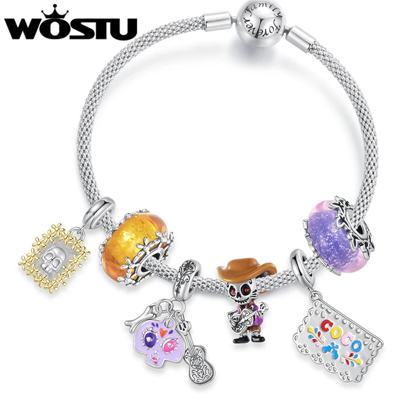 WOSTU Mexican Day of the Dead Collection 925 sterling Silver Skull Flag Pendant Punk Murano Bead Jewelry Mexican Family DIY Gift