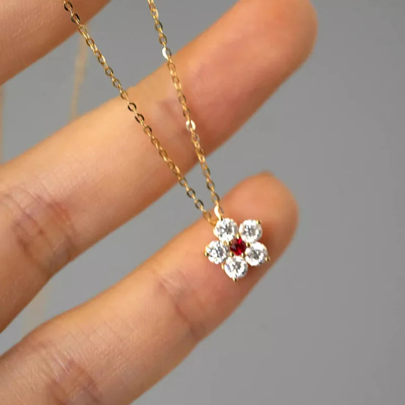 925 Sterling Silver Retro High Quality Flowers Pendant Necklace Red CZ For Women Birthday Gift Fine Jewelry