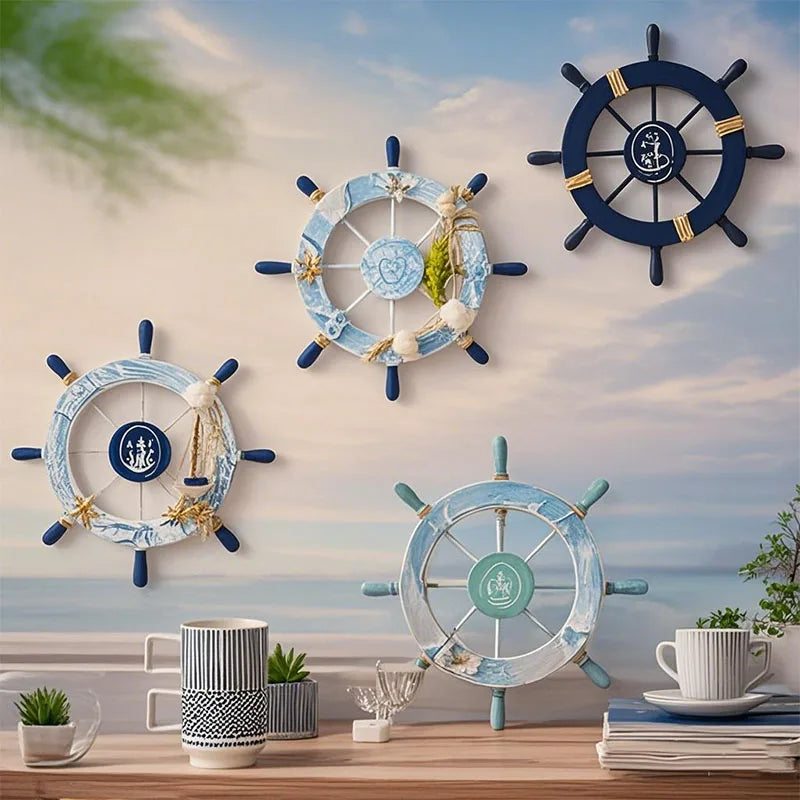 Nautical Mediterranean Ship Rudder Decor Wooden Boat Wheel Helm Home Living Room Craft Accessory