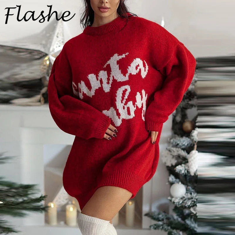 Christmas Sweater Dress Women Elegant Evening Dress Woman Autumn Winter Printed Knitted Sweaters For Women Mini Dress Jumper Red